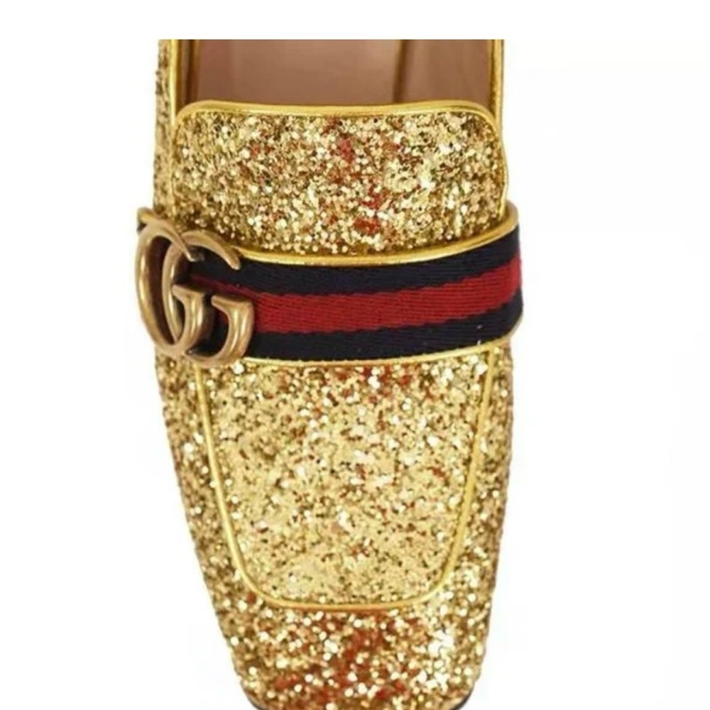 Gucci Glitter Gold Loafers with Red Heart and Blue Stripe - Picture 3 of 11